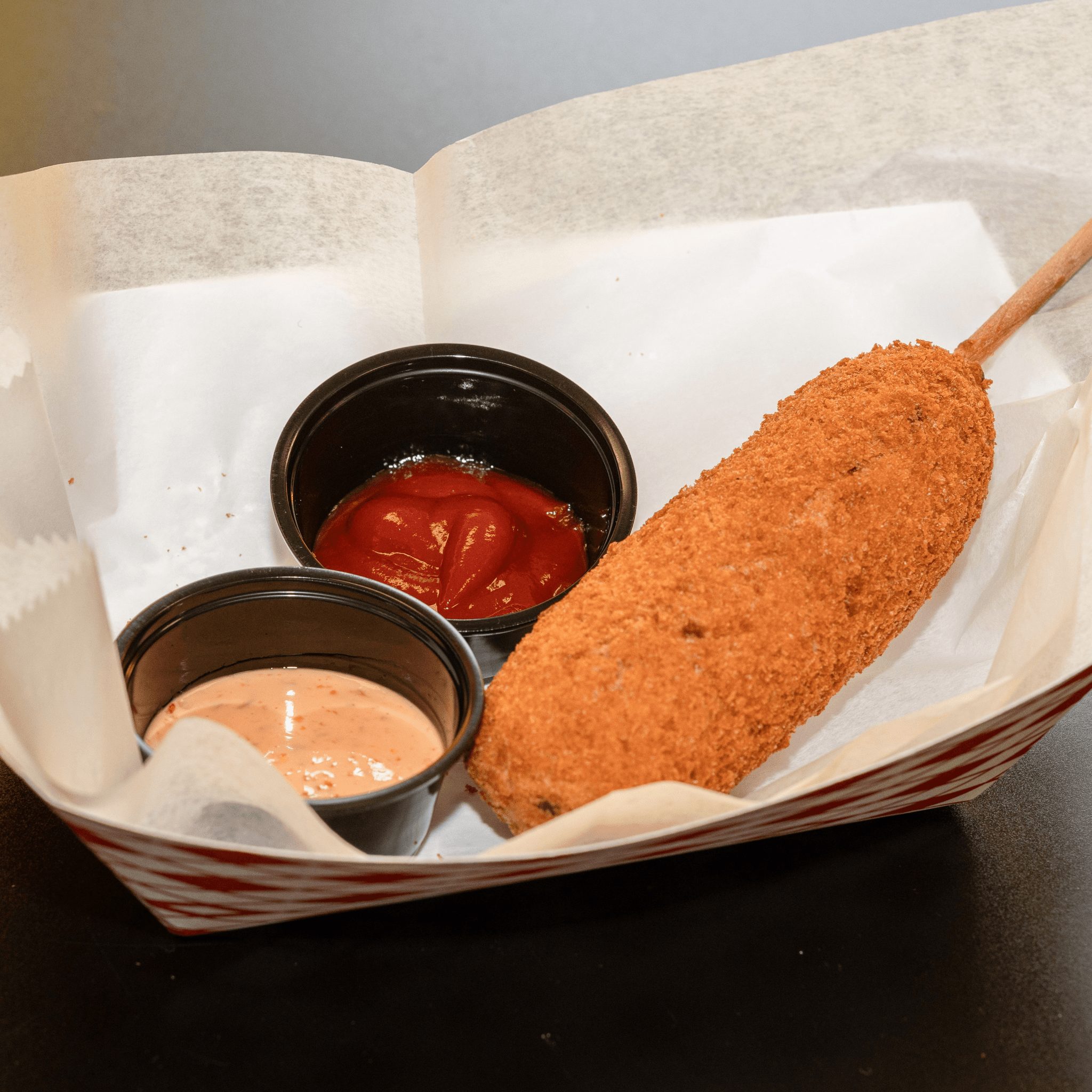 Cheddar Mozzarella Fish Sausage Corndog.