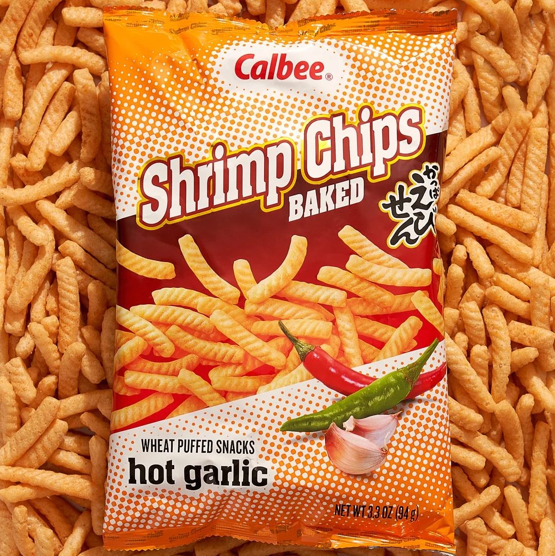 Calbee Hot Garlic Shrimp Chips.