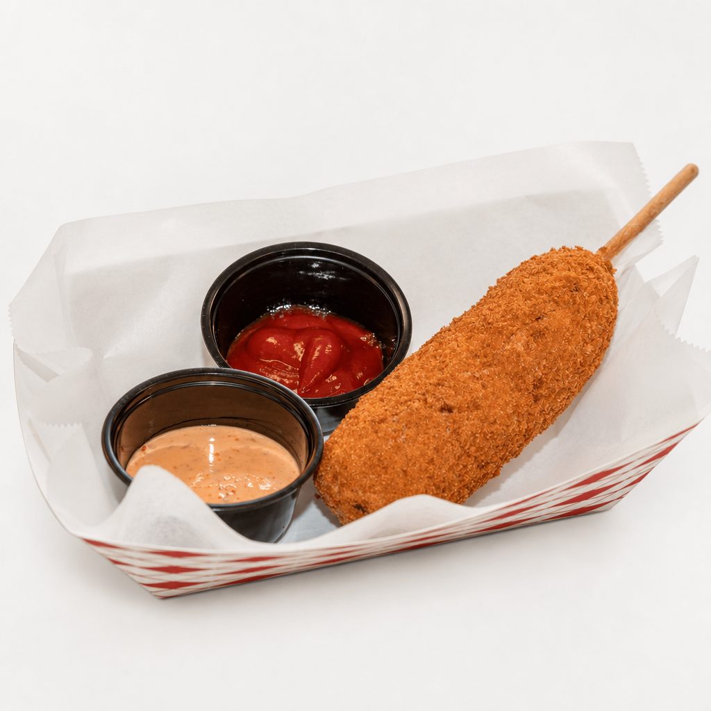 Cheddar Mozzarella Fish Sausage Corndog.